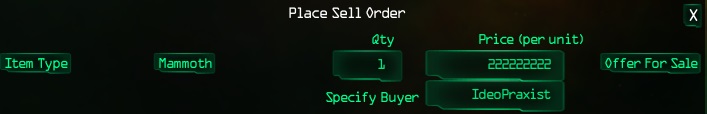 Place sell order - Mammoth for sale to specific player