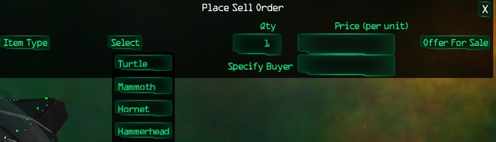 Place sell order - Item Type Ship - Select menu